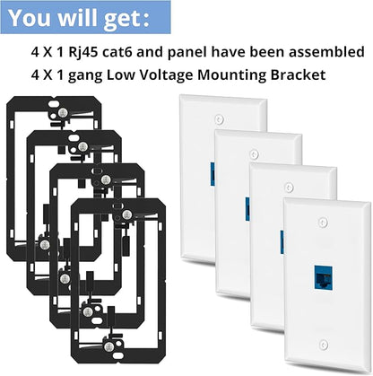 4 Pairs Ethernet Wall Plate Cat6 1 Port Keystone Jack Wall Plate with RJ45 Coupler Outlet Connector and Single Gang Low Voltage Mounting Bracket