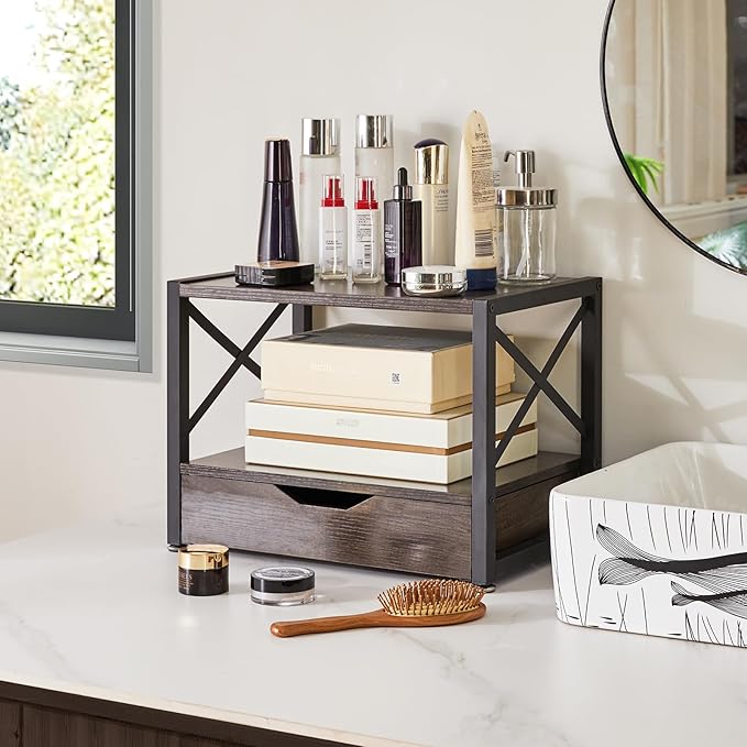 IBUYKE 2 Tier Desktop Printer Stand,Multi-Purpose Desk Organizer,Wooden Printer Stand with Drawer Storage for Folders,Books,for Fax Machine, Scanner,Home Office,Grey TLJ006G