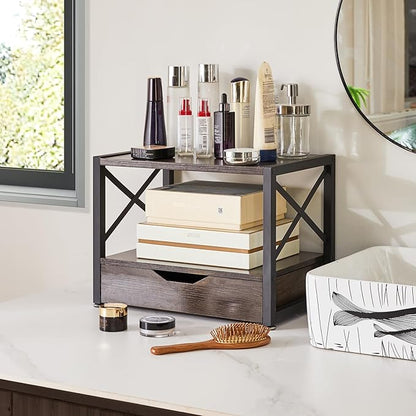 IBUYKE 2 Tier Desktop Printer Stand,Multi-Purpose Desk Organizer,Wooden Printer Stand with Drawer Storage for Folders,Books,for Fax Machine, Scanner,Home Office,Grey TLJ006G