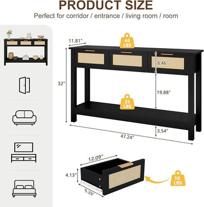 Luoxiao Entryway Table with 3 Rattan Drawers, 47" Narrow Console Table with Storage Shelf, Modern Black Sofa Table for Living Room Hallway Foyer, Slim Entry Way Cabinet, Anti-Tip, Easy Assembly