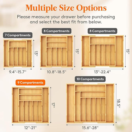 Lifewit Silverware Drawer Organizer, Expandable Utensil Tray for Kitchen, Flatware and Cutlery Holder, Wood Adjustable Storage for Spoons Forks Knives, 31-53 x 43cm, Natural