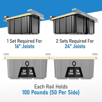 HANDT Overhead Garage Storage Rack, Connectable Heavy Duty Metal Ceiling Rails For Garage Storage Organization Shelving System, Hanging Racks For Tote Containers, Supports Up To 6 Bins, 4 Sets Gray