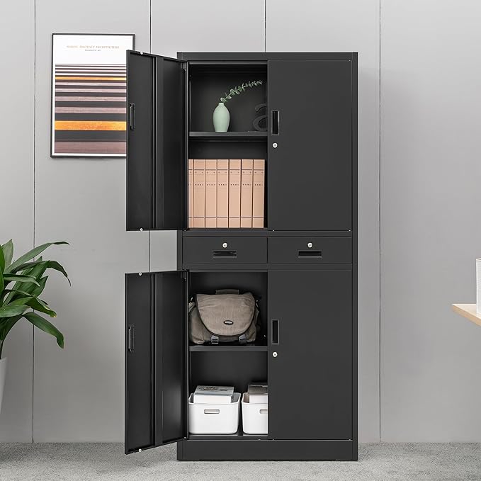 CMY Metal Storage Cabinet, 71" H x 32" W x 16" D Locking Storage Cabinet with Adjustable Shelves and 2 Drawers, Steel Cabinets for Office, Garage, Home, School, Utility Room(Black)