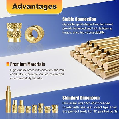 55 Pcs 1/4''-20 Threaded Inserts for Plastic with Heat Set Tip,1/4''x8mmx8mm Heat Set Inserts Kit,Brass Inserts for 3D Pringting