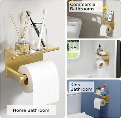 FORIOUS Toilet Paper Holder with Shelf, Adhesive or Screw Wall Mount Toilet Paper Roll Holder for Bathroom, 304 Stainless Steel Commercial Toilet Tissue Roll Dispenser with Phone Shelf (Brushed Gold)