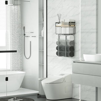 Towel Racks for Bathroom, Metal Towel Holder with Storage Basket,Wall Towel Rack for Rolled Towels, Towel Storage for Small Bathroom.