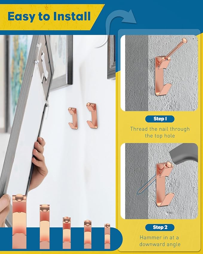 Uniclife 188 Pcs Rose Gold Picture Hanging Kit, 10 lb, 20 lb, 30 lb, 50 lb, 100 lb Heavy Duty Picture Hangers for Drywall & Wood, Picture Hanging Hooks, Frame Hooks for Hanging Photos