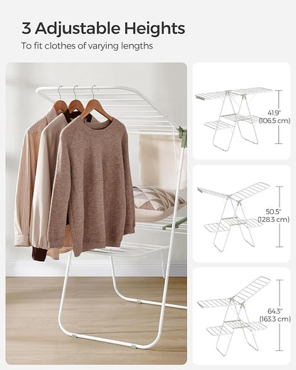 SONGMICS Clothes Drying Rack, Foldable 2-Level Laundry Drying Rack, Free-Standing Laundry Airer, with Height-Adjustable Wings, 33 Drying Rails, Sock Clips, White and Green ULLR053C01V1
