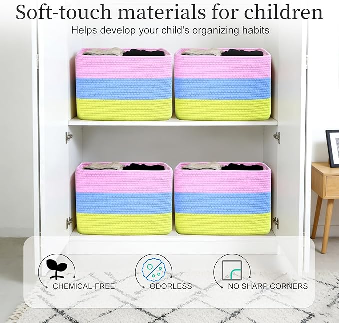 Hopegiver Rainbow Storage Baskets 15x11x9 IN, Colorful Cotton Rope Toy Storage Bins with Handles, Nursery & Kids Playroom Organizer