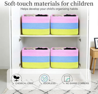 Hopegiver Rainbow Storage Baskets 15x11x9 IN, Colorful Cotton Rope Toy Storage Bins with Handles, Nursery & Kids Playroom Organizer
