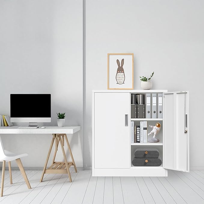 CMY 36" H Metal Storage Cabinet, Locking Storage Cabinet with Doors and Adjustable Shelves for Office, Garage, Home-White