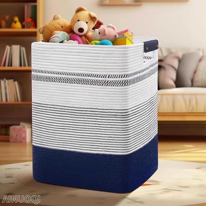 Large Laundry Basket - Tall Woven Rope Laundry Hamper with Leather Handles - Dirty Clothes hamper for Living room, Bedroom, 17" X 13.8" X 22", Dark Blue & White