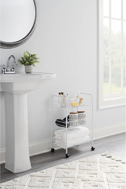 Rubbermaid 3-Tier Shelving Wheeled Organizer, Wire Adjustable Metal Storage Cart, for Office/Kitchen/Bedroom/Laundry Home Use, White