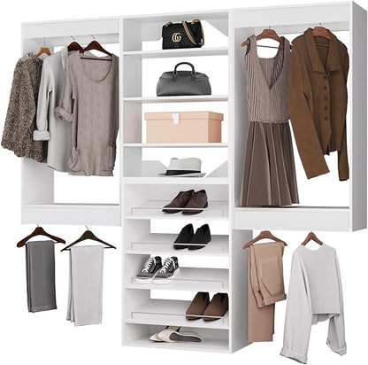 ROOMTEC Modular Closet System, 72" Wall Mounted Closet Organizer with Hanging Rods and Shoe Shelf, Wooden Tower for Walk-In Closets, Wardrobe Storage Kit, White