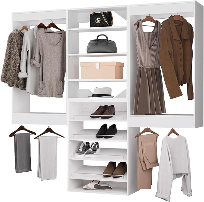 ROOMTEC Modular Closet System, 78" Wall Mounted Closet Organizer with Hanging Rods and Shoe Shelf, Wooden Tower for Walk-In Closets, Wardrobe Storage Kit, White