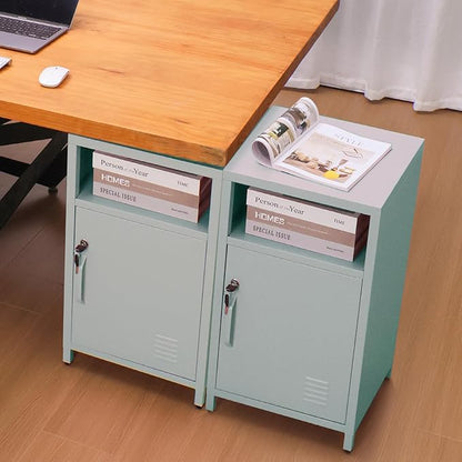 ALBAD Compact Metal Nightstand with Lockable Cabinet and Open Shelf, Modern Bedside Table, Versatile Side Table for Bedroom, Living Room, or Office (Light Green, 26" H-Lockable Door)