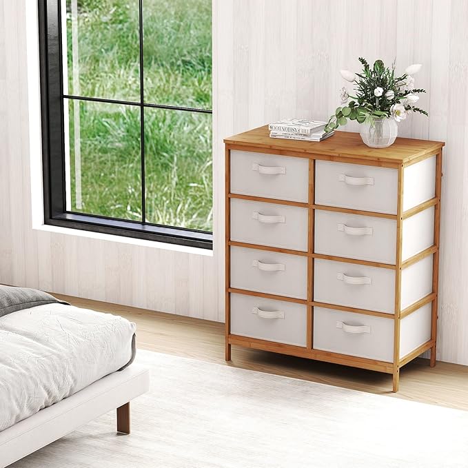 Giantex 8 Drawers Dresser for Bedroom, Bamboo Fabric Storage Tower with Removable Fabric Bins, Chest of Drawers, Storage Organizer for Closet Living Room Hallway (16" D x 31.5" W x 37" H)