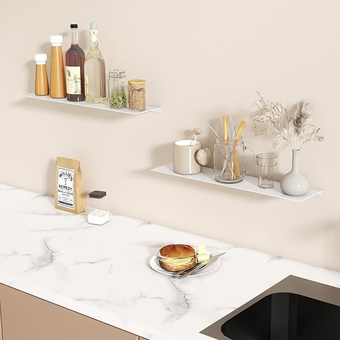 MKO 20" Floating Shelves for Wall, Long Metal Wall Mounted Shelf for Bathroom, Bedroom, Living Room, Kitchen, Display Hanging Shelves for Books/Storage/Room Decor 2 Packs, White