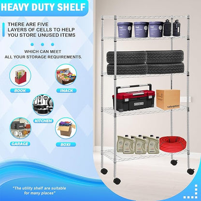 PayLessHere | 5-Tier Wire Shelf with Wheels | 14"x30"x60" | Chrome | Adjustable Racks | Heavy-Duty Storage Shelves, Holds Upto 220 lbs | Rust-Resistant, No-Tool Assembly | for Home, Garage Shelving