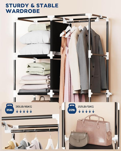 Mavivegue Portable Closet,Wardrobe Closet,Wardrobe,Portable Closets for Hanging Clothes,for Bedroom and Living Room, Black, 2 Rows, 34" W x 18" D x 64" H