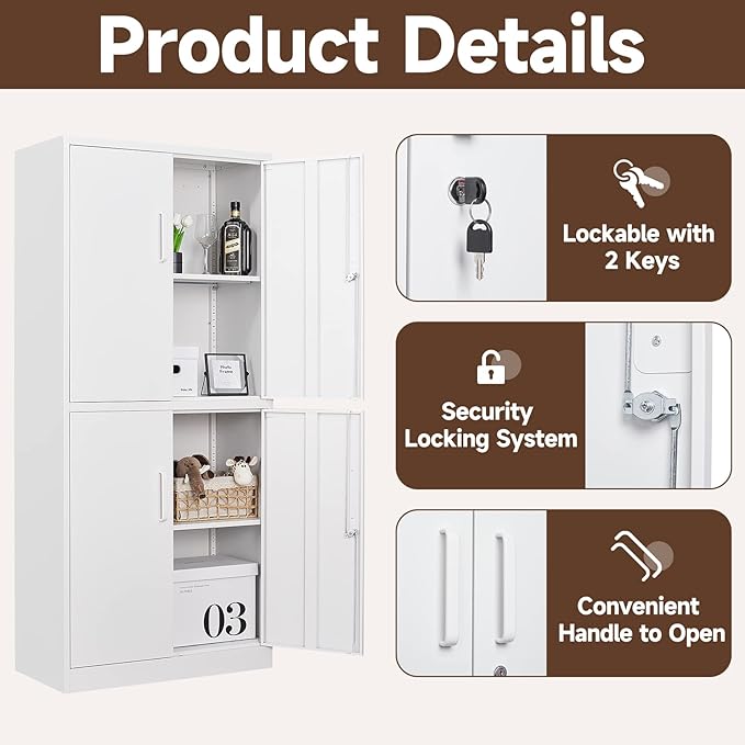 Metal Storage Cabinets with Locking Doors,71" Tall Garage Cabinet with 3 Adjustable Shelves, Lockable Steel Office Storage Caninet Tool Cabnet for Home Office,Garage, Pantry