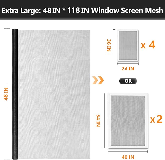 Window Screens Replacement Repair Kit, Black Screen Door Mesh Replacement Kit, Durable Fiberglass Mesh Roll with Tools for Windows Doors Patio and Porch, 48in x 118in