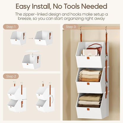 Collapsible Hanging Closet Organizer - 3 Tier Closet Shelves Storage System with Hooks, Fabric Hanging Storage Bins for Clothes, Foldable Storage Basket for Laundry, Bedroom, Rv, White