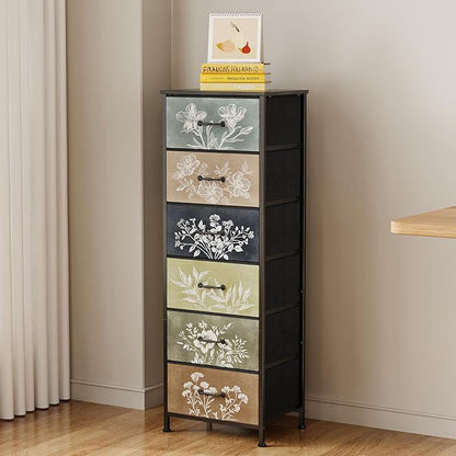 Tohomeor Vintage Dresser Vertical Nightstand with Neutral Botanical Plant Fabric Chest Drawers for Closet Bathroom Storage Tower Unit Bed Side Organizer Farmhouse Rustic (Multi, 6 Drawers)