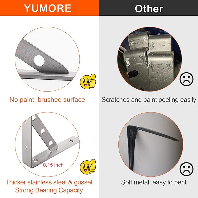 YUMORE Stainless Steel Shelf Bracket 8", Heavy Duty Solid Shelf Support, Right Angle DIY L Bracket, Max Load: 220 lb, Pack of 2