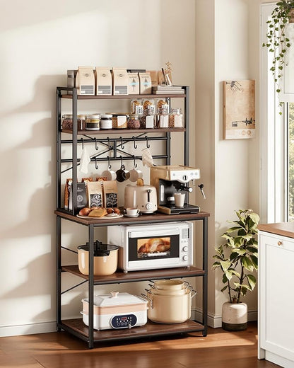 VEVOR Bakers Rack, 31.5 inch Width Microwave Stand,Kitchen Stand with X-Shaped Support Bar & 12 S-Shaped Hooks,Kitchen Storage Shelf for Dish Storage, Spice Jars, Coffee Bar Organization