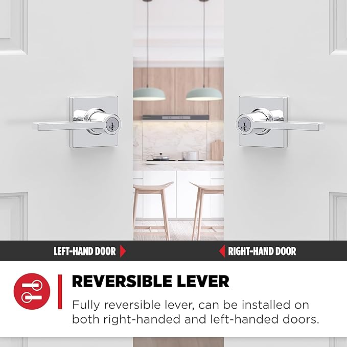 Kwikset Casey Entry Door Handle with Lock and Key, Secure Keyed Reversible Lever Exterior, Door Lock, For Front Door Entrance and Bedrooms, Polished Chrome, Pick Resistant Smartkey Rekey Security