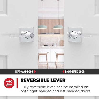 Kwikset Casey Entry Door Handle with Lock and Key, Secure Keyed Reversible Lever Exterior, Door Lock, For Front Door Entrance and Bedrooms, Polished Chrome, Pick Resistant Smartkey Rekey Security