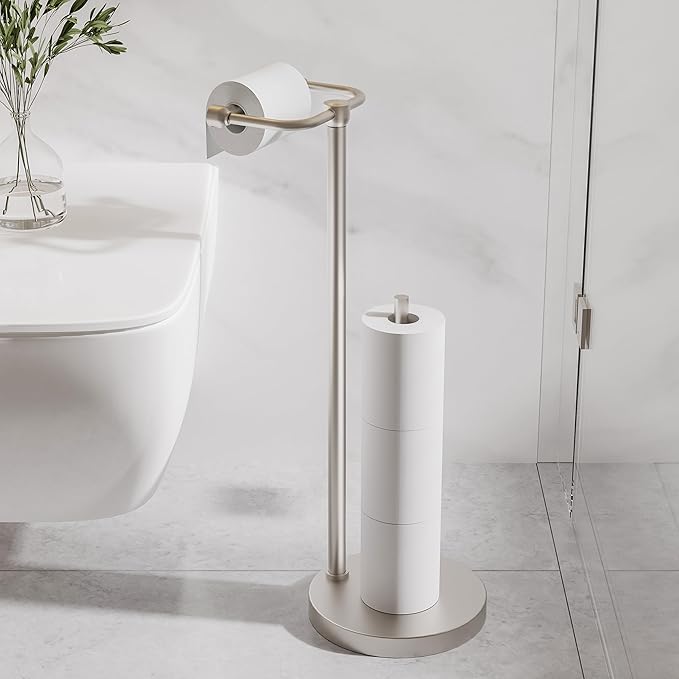 Toilet Paper Holder Stand, Post Pivoting Design Free Standing Toilet Paper Holder with Storage for 4 Rolls, SUS304 Stainless Steel Tissue Holder with Reserve, Heavy-Duty Base (Brushed Nickel)