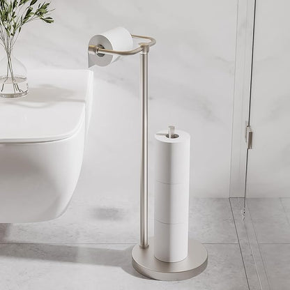 Toilet Paper Holder Stand, Post Pivoting Design Free Standing Toilet Paper Holder with Storage for 4 Rolls, SUS304 Stainless Steel Tissue Holder with Reserve, Heavy-Duty Base (Brushed Nickel)