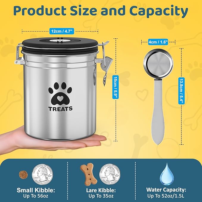 Dog Treat Container Airtight,5.9"x4.7" Stainless Steel Cat Treat Jar for Kitchen Counter with Scoop, Pet Storage for Fresh Dog Cookie