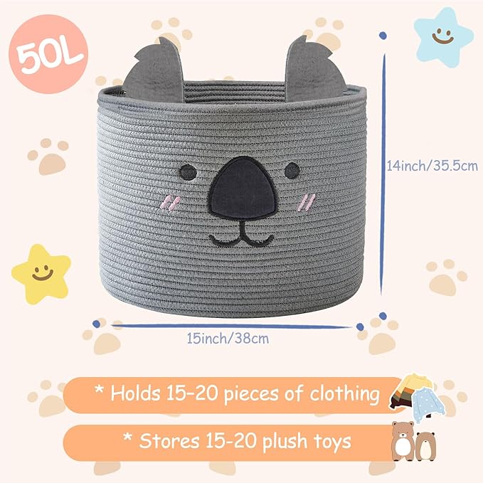 OMERAI Animal Koala Basket, Cute Cotton Rope Woven Large Blanket Basket, Toy Storage for Nursery decor and Laundry Organizer with Handles, baby hamper shower gift, 15"D x 12.6"H, Grey