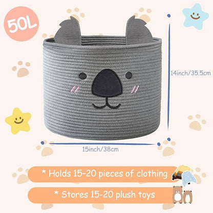 OMERAI Animal Koala Basket, Cute Cotton Rope Woven Large Blanket Basket, Toy Storage for Nursery decor and Laundry Organizer with Handles, baby hamper shower gift, 15"D x 12.6"H, Grey