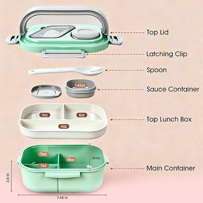 Bento Box Set with Lunch Bag, Lunch Containers for Women&Men&Kids. Leakproof 3-Compartment and 2-Tier Stackable Container with Portable Sauce Pod, Microwave/Dishwasher Safe, BPA-Free (Green)