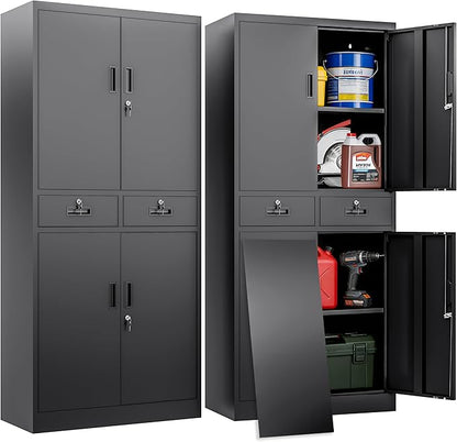 BESFUR Metal Garage Storage Cabinet with Two Drawers Locking Doors and 2 Adjustable Shelves, Black Tall Storage Cabinets, Tool File Lockable Cabinet for Garage Office Warehouse Shop(71”H)