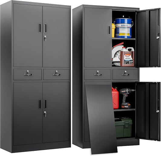 BESFUR Metal Garage Storage Cabinet with Two Drawers Locking Doors and 2 Adjustable Shelves, Black Tall Storage Cabinets, Tool File Lockable Cabinet for Garage Office Warehouse Shop(71”H)