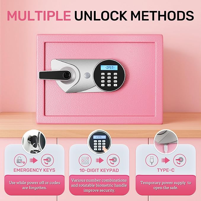 BlackSmith Home Biometric Safe 1.0 Cub Quick Access Fingerprint Lock Box With Keys Keypad Wall Mount Cabinet Safe Secure Money Jewelry with Fireproof Bag Mute Mode LED Light, Pink
