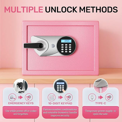 BlackSmith Home Biometric Safe 1.0 Cub Quick Access Fingerprint Lock Box With Keys Keypad Wall Mount Cabinet Safe Secure Money Jewelry with Fireproof Bag Mute Mode LED Light, Pink
