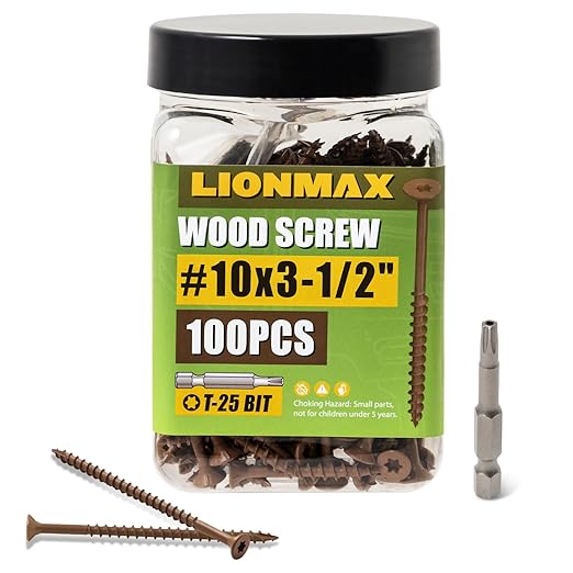 LIONMAX Wood Screws 3-1/2 Inch, Deck Screws #10 x 3-1/2", 100 PCS, Rust Resistant, Epoxy Coated, Exterior Wood Screw, Outdoor Decking Screws, Torx/Star Drive Head, T25 Star Bit Included, Brown