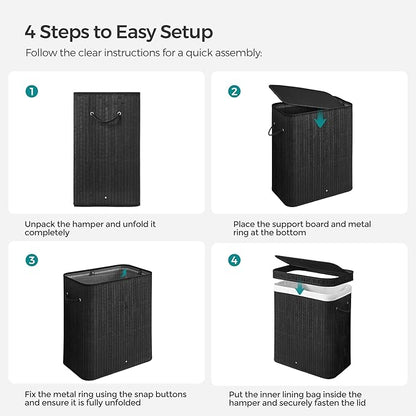 SONGMICS Laundry Hamper with Lid, Bamboo Laundry Basket, Removable Machine Washable Laundry Basket, with Handles, 26.4-Gallons, for Laundry Room, Bedroom, Bathroom, Ink Black ULCB63H