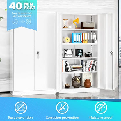 Bonusall Garage Cabinet with Lockable Door,2 Door Metal Tool Cabinets with 4 Adjustable Shelves,Locking Steel Cabinet for Home Office, Warehouse，School(White)