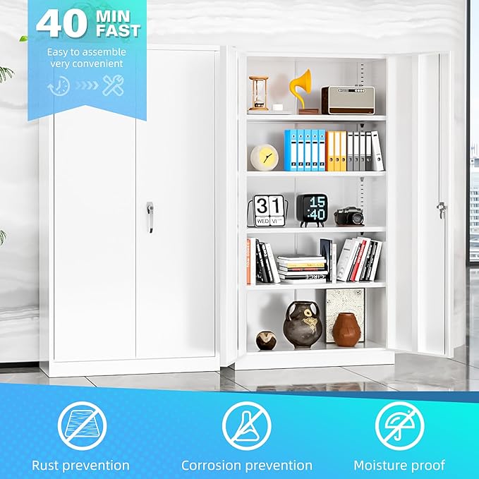 Bonusall Metal Garage Cabinets with 2 Door and 4 Shelves, Locking Cabinet with for Storage，Tall Garage Storage Cabinets for Home Office, Warehouse，School(White)
