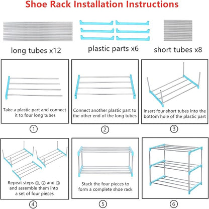 Stackable Small Shoe Rack, Entryway, Hallway and Closet Space Saving Storage and Organization (3-Tier, Blue)