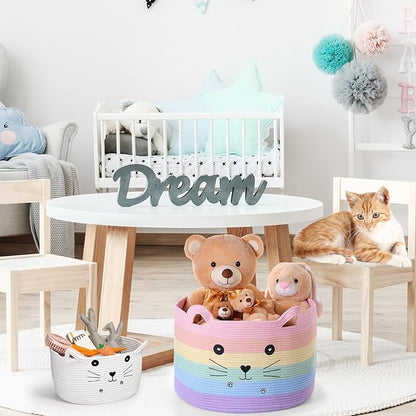 Zopeal Cat Basket Storage Woven Organizer with Ears Easter Decorative Gift Pet Toy Cute Cotton Rope Basket for Gift Cat Dog Toy Bin Nursery Room(21.7 x 13.8 Inch,Macaron Color)