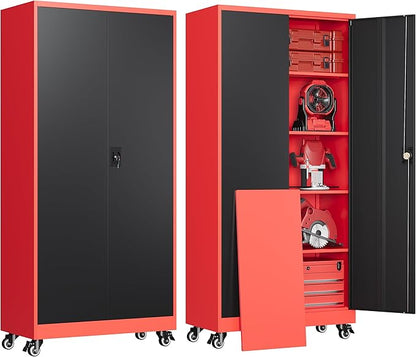 Garage Cabinet with Wheels and Adjustable Shelves, Metal Garage Storage Cabinets with 2 Doors, Storage Caninet with Lock, Heavy Duty Tool Cabnet for Workshop/Home/Office-(Black Red 75”H)