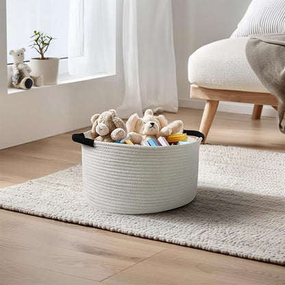 Woven Dog Toy Basket, 15.7"x11"x8" Cotton Rope Dog Toy Bin Box for Living Room, Decorative Cat Pet Supplies Puppy Bin with Handles, Soft Cat Toy Basket Organizer, Wicker Storage Holder, White